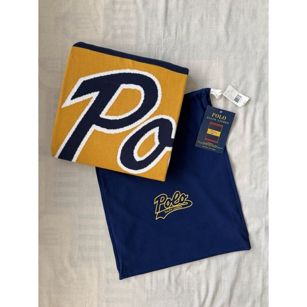 NEW Polo Ralph Lauren Knit Throw Blanket Navy Yellow Prep Sporty Ivy Collegiate